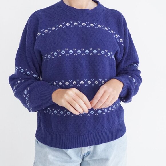 Vintage Village Green Navy Knit Eclectic Fair Isle Fisherman Crewneck Sweater L - Picture 2 of 11